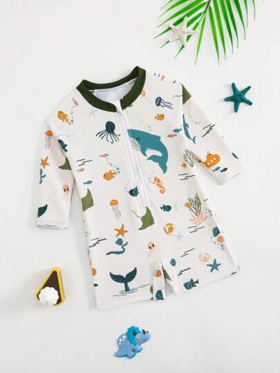 SHEIN GraphicGems Traje de baño de una pieza con manga larga para bebés e infantes niños, traje de baño protector contra el sol de la playa