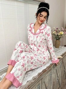 CottageSlumber Bộ đồ ngủ nữ họa tiết hoa màu hồng tương phản viền bèo nhún cổ áo và quần dài, bộ đồ ngủ cổ điển, trang phục thu đông ấm áp và thanh lịch - Hồng - Xem 4
