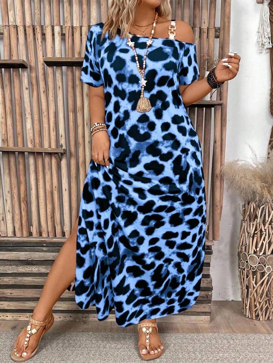 EMERY ROSE Plus Size Leopard Print Asymmetric Neckline With Round Ring Decor Elegant Bodycon Mini Dress Maxi Women Outfit - Royal Blue - View 1