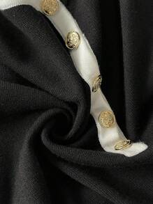 SHEIN Clasi Retro Elegance V-Neck Knit Dress With Black And White Contrast Flared Sleeves, Exuding A Refined Atmosphere. Backless Strapped Design, Combining Grace With Sensuality. The Perfect Choice For Parties And Dates. - Black and White - View 7