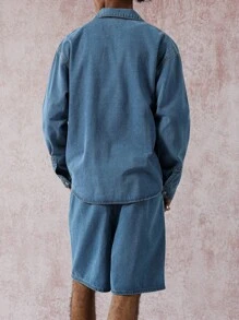 Manfinity EMRG Men's Casual Washed Denim Jacket And Shorts Set, Fall - Blue - View 2