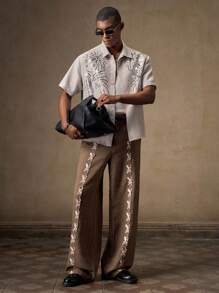 AKNOTIC Business Casual 男士杏色手工刺绣烟花反光亮片刺绣休闲宽松短袖衬衫，时尚适合日常穿着、度假、派对、毕业典礼、海滩、家庭聚会、礼物 - 杏色 - 查看 3