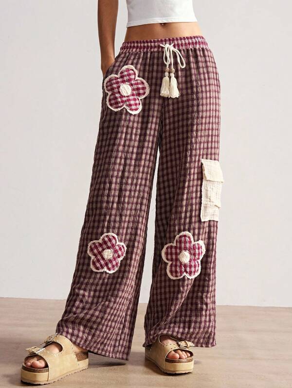 Bohemela Women's Loose Country Vacation Style Woven Plaid Patchwork Low Waisted Straight Leg Pants, Summer