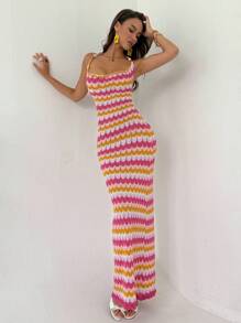 Aloruh Hot Summer Sleeveless Beaded Draped Neck Form-Fitting Backless Contrast Color Knitted Dress For Women - Multicolor - View 6