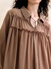 Arave 法式通勤精致POLO领优雅百搭长袖上衣，春夏 - 咖啡棕 - 查看 5