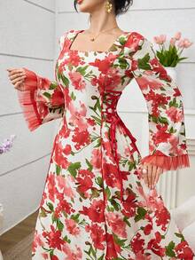 SHEIN Najma Váy thắt eo lưới in họa tiết phong cách Ả Rập cho nữ, mùa xuân/hè - Đỏ - Xem 1