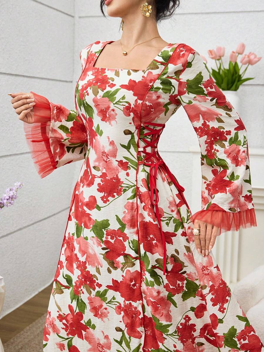 SHEIN Najma Váy thắt eo lưới in họa tiết phong cách Ả Rập cho nữ, mùa xuân/hè - Đỏ - Xem 1