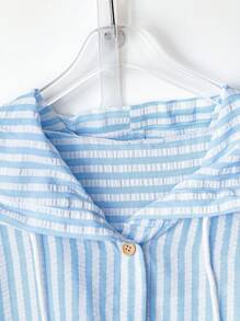 EMERY ROSE Áo sơ mi sọc thanh lịch dành cho nữ, áo nỉ trùm đầu dáng rộng nhẹ cho mùa hè, áo chui đầu thu - Màu xanh lam - Xem 3