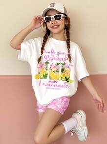 SHEIN Conjunto informal de verano de 2 piezas con camiseta de manga corta y shorts para niñas preadolescentes, con diseños de "Brilla y gira", "Verano relajado", "Fruta y lazo", "Patrón de limón y té" y la frase "Cuando la vida te da limones, haz limonada" - Multicolor - Ver 5