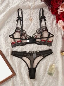 SHEIN Bộ đồ lót lưới thêu họa tiết quả anh đào gợi cảm 2 món cho nữ, thời trang và dễ thương - màu đen - Xem 2