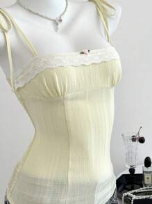 Elamini 休闲格子蕾丝拼接腰带吊带背心，适合年轻女性，春夏季 - 黃色 - 查看 5