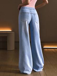 SHEIN Low Waist Silver Foil Detail Light Blue Washed Wide Leg Denim Jeans, Rhinestone Jeans - Light Wash - View 2