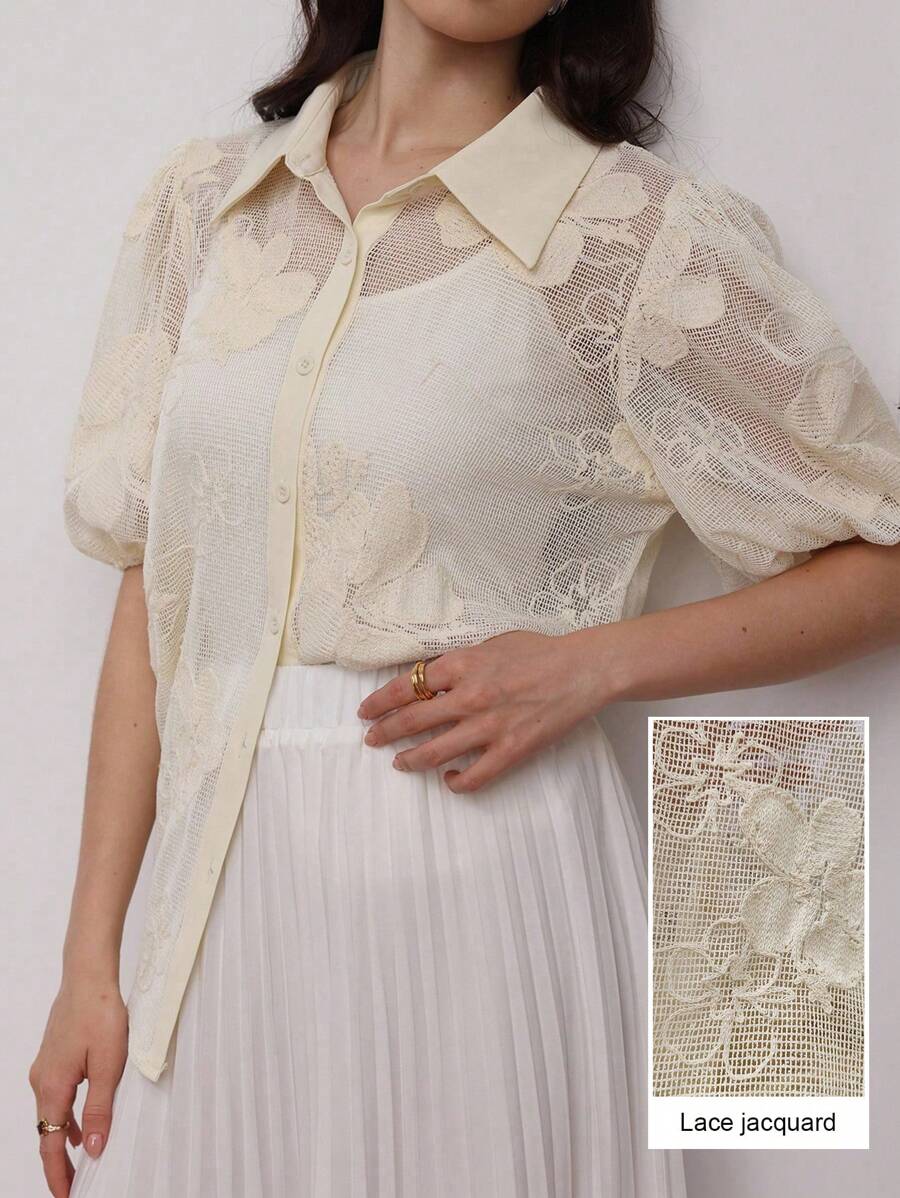 Modelyn Blusa transparente elegante con cuello, bordado de encaje en beige - Albaricoque - Ver 1