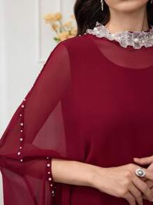 Modelyn Đầm tay cánh dơi đính ngọc trai trang trí cho nữ & Đầm không tay thanh lịch 2 món - Màu Đỏ Sâu - Xem 6