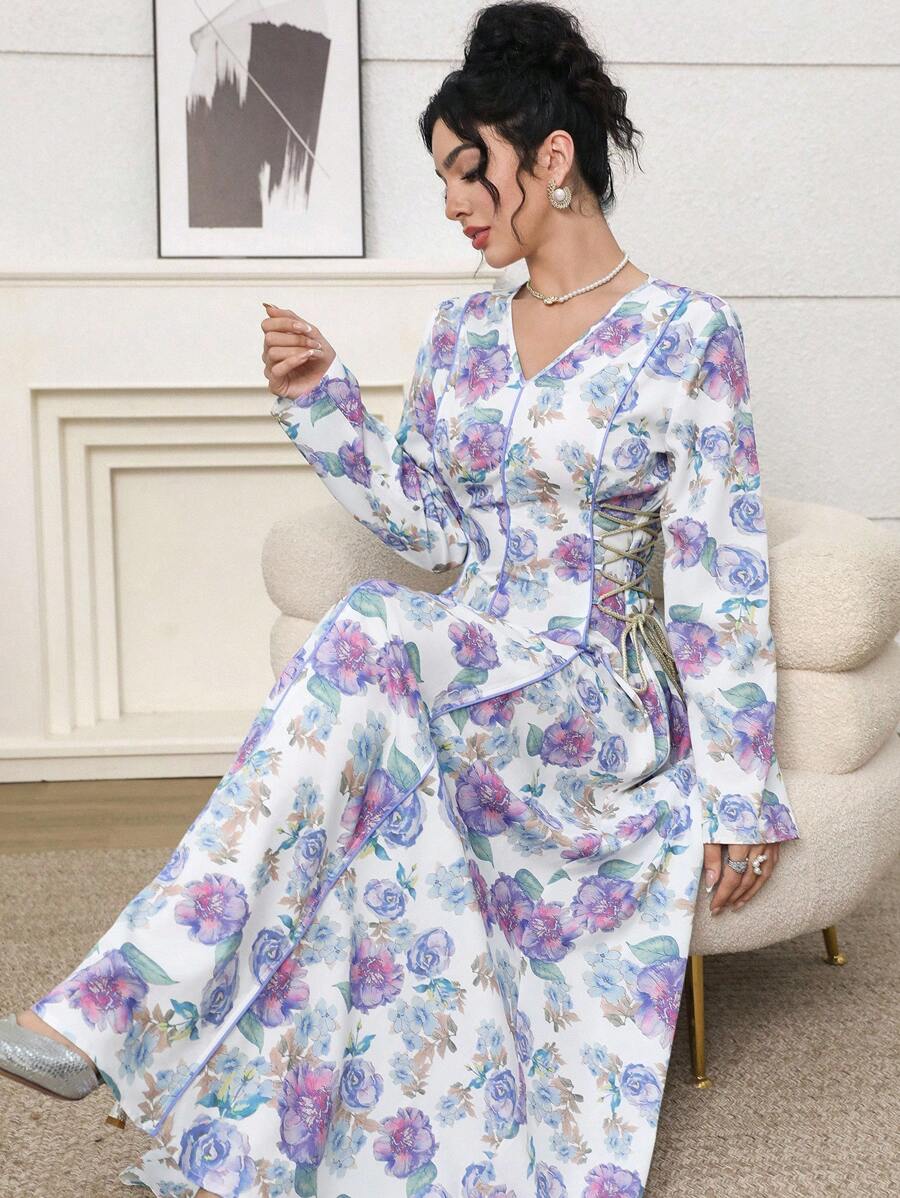 Yasmyna 女式花卉印花侧系腰优雅阿拉伯风格连衣裙 - 彩色 - 查看 1