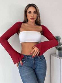 EURMUSE 96% Cotton Bell Sleeve Shrug Top Without Bra - Burgundy - View 4
