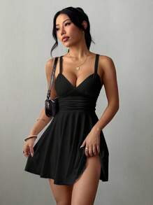 Breezaya Váy ngắn chữ A dệt kim nhún eo gợi cảm và thanh lịch cho nữ - màu đen - Xem 6