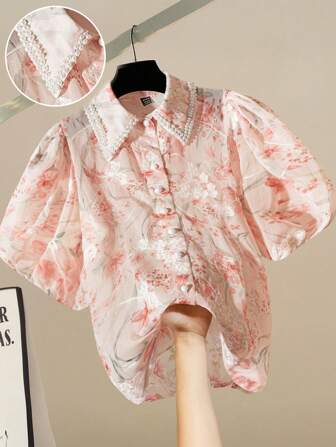 Flouryn Floral Embroidered & Jacquard Fabric Button-Up Shirt Blouse For Plus Size Women, Spring/Summer Summer Women Clothes  Curve Plus   Vacation Women Clothes   Shein Curve  Women Vintage Clothes