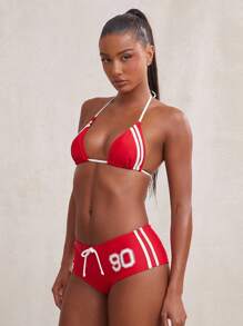 NYA SZN 女士两件套泳衣比基尼短款露肩运动条纹沙滩度假红色泳装套装 - 紅白色 - 查看 1