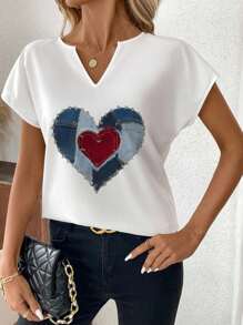 SHEIN Clasi Áo sơ mi nữ tay ngắn họa tiết trái tim giả denim, phù hợp cho mùa hè - Nhiều màu - Xem 4