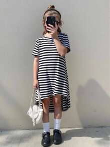 SHEIN NovaGlow Young Girl Young Girl Striped High Low Hem Tee Dress