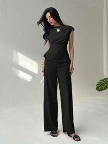 Aloruh 极简通勤职场女士装两件套：春夏新款聚拢袖收腰女衬衫+加长阔腿女裤 - 黑色 - 查看 5