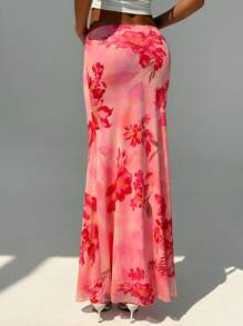 Aloruh 女士优雅花卉印花低腰半身裙 - 粉色 - 查看 3