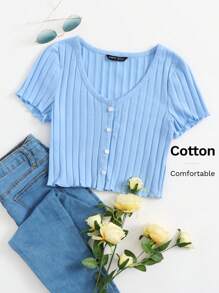 SHEIN EZwear Button Up Rib-knit Crop Top