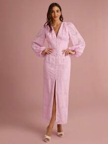 Enchnt Summer/Fall Romantic Women's Pink Floral Hollow Embroidery V-Neck Lantern Sleeve High Slit Maxi Dress - Pink - View 4