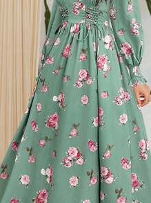 Modelyn Ramadan Floral Printed Shirt Dress With Front Tie For Women - Green - View 7