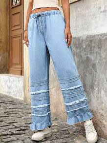 EMERY ROSE Women's Casual Washed Ruffled Wide Leg Jeans - Light Wash - View 6