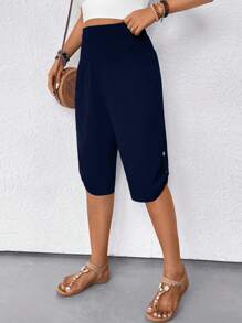 SHEIN LUNE 女式纯色腰系休闲宽松七分裤 - 藏蓝色 - 查看 6