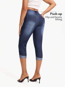 Flexra Quần jean nữ cạp cao, có túi, dáng ôm, kiểu dáng thường ngày, dài đến 3/4, chất liệu denim. - Rửa tối - Xem 2