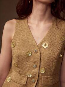 MOTF PREMIUM STEREO FLORAL SEQUINS BUTTON UP WAISTCOAT - Khaki - View 2