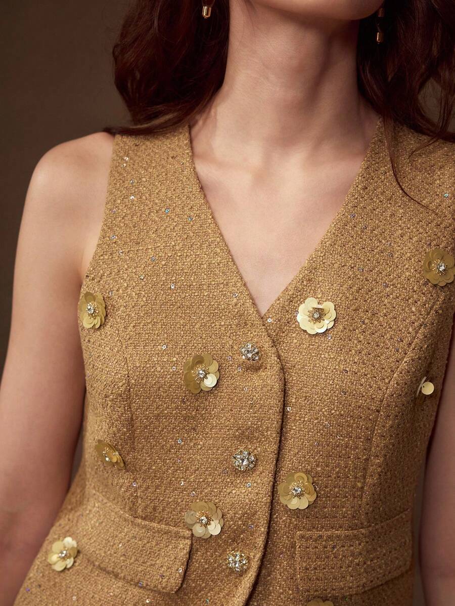 MOTF PREMIUM STEREO FLORAL SEQUINS BUTTON UP WAISTCOAT - Khaki - View 2