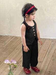 LMoss Kids LMoss 女婴两件套，梭织纯色方领上衣和宽松休闲裤，黑色套装，适合2-3岁女童，黑色女婴服装 - 黑色 - 查看 3