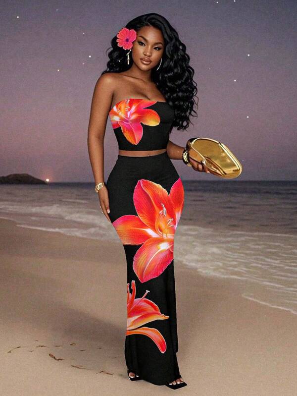 Slaydiva Plus Size Women Floral Print Tube Top And Mini Skirt Casual 2-Piece Set, Suitable For Summer