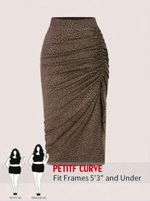 SHEIN PETITE CURVE Plus Size Casual Vacation Side Slit Drawstring Waist Petite Slimming Skirt Fall Cloth For Women - Brown - View 1