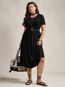 Zelara Plus Size Basic Black Short Sleeve Dress With Front Middle Button And Decorative Round Neckline, Comfortable And Breathable For Spring And Summer Navycore Outfits - Black - View 4