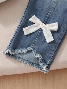 SHEIN 两件套青少年女孩 3D 蝴蝶结短袖 T 恤和牛仔长裤休闲装