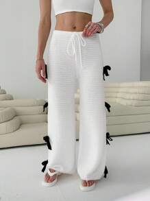 SHEIN EZwear Pantalon tricoté casual à nœud papillon pour femme - Blanc - Voir 5
