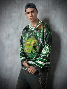 TEENAGE MUTANT NINJA TURTLES | SHEIN Men's Casual Letter & Cartoon Print Long Sleeve T-Shirt,Fall - Green - View 3