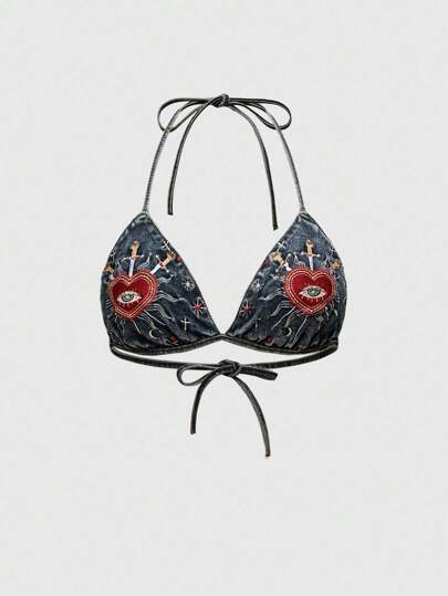 ROMWE Avant Vintage Millennium Heart Eye Embroidery Sexy Women Denim Blouse