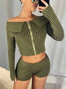 SHEIN ICON Bộ 2 áo len kẻ sọc một bên vai dài tay có khóa kéo phía trước và quần short dệt kim thời trang thu cho nữ - màu xanh lá - Xem 3