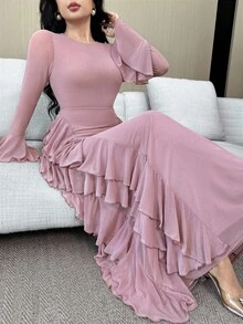 Feyla Vestido de mujer de color liso elegante con manga abullonada con volante - Rosa - Ver 6