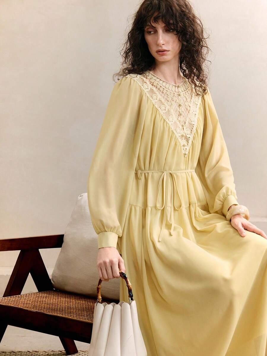 Aveloria Women's Chiffon Splicing Lace Round Neck Pleated Design Waist Warm Yellow Long Dress Elegant Romantic Date Autumn Women's Elegant Dress Women's Simple Dress Beach Outfits For Woman Vacation Outfits Woman Dresses For Women Elegant Country Concert Outfit Fall Cloth For Women - Olive Green - View 1
