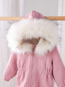 SHEIN Baby Girl Casual Fleece Hooded Jacket With Faux Fur Collar, Autumn & Winter Fall - Pink - View 4