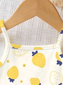 SHEIN 可爱迷你水果柠檬花波尔卡圆点图案，米色，适合春夏季的女婴休闲连体衣，女婴服装，女婴，女婴服装，女婴服装，女婴服装，幼儿服装，婴儿 - 彩色 - 查看 3