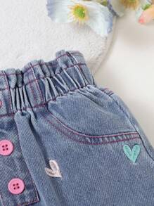 SHEIN 女孩休闲舒适柔软水洗彩色刺绣花卉腰哈伦裤，时尚假日/街头风，轻盈夏季 - 中等水洗藍 - 查看 5