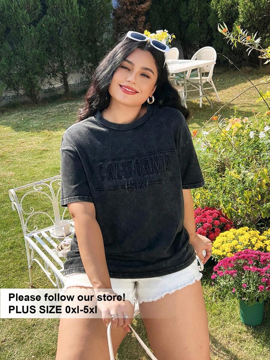 SHEIN EZwear 大尺碼女士黑色圓領短袖T恤